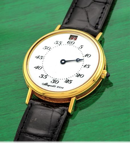 BREGUET REF. 3420 JUMPING HOUR.AUTOMATIC YELLOW GOLD.Breguet, Jump Hour Automatic, No. 2514, case No. 17/800.Ref. 3420. Made in a limited edition of 800 pieces in 1992..Very fine and rare, jumping-hour, self-winding, 18K yellow gold.wristwatch with enamel