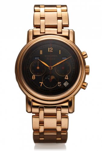 EKEGREN TRIPLE DATE MOON PINK GOLD.Ekegren, Genève, case No. 498. Made in the 1990's..Fine, astronomic, self-winding, water-resistant, 18k.pink gold wristwatch with round button chronograph.registers, tachometer, triple date, moon phases and an.18K pink g