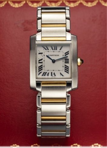 CARTIER REF. 2301 TANK STEEL & GOLD QUARTZ.Cartier, Tank Française, case No. CC 180592, Ref. 2301..Made circa 2000..Fine, square and curved, water-resistant, stainless steel and.yellow gold quartz wristwatch with a stainless steel and.yellow gold Cartier 