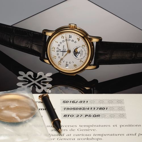 PATEK PHILIPPE REF. 5016 TOURBILLON MINUTE REPEATER.PERPETUAL CALENDAR YELLOW GOLD.Patek Philippe, Genève, No. 1905083, case No. 4117801, Ref. 5016 J. Made in 2003..Extremely fine, rare and important, astronomic, minute-repeating, 18K yellow gold wristwat