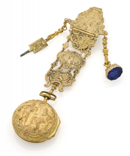 JACQUES COULIN & AMY BRY A GENEVE Jacques Coulin & Amy Bry a Geneve - Gold Repousse Watch No. 4330. Fine, gold repousse pair-cased pocket watch with gilt brass chatelaine with key and seal en suite.