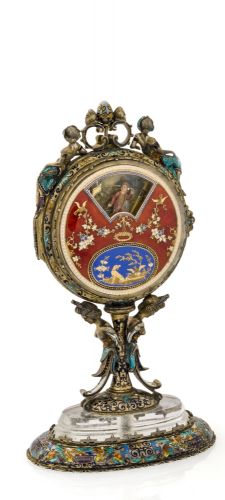 ROCK CRYSTAL WANDERING AUTOMATA Attributed to Bouvier Frères or Chevalier & Cochet, Geneva, circa 1795-1800, the monstrance, Wien, mid-19th century. The movement and dials of a double-face watch with wandering automata and visible balance, fitted in a lat