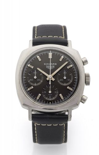 HEUER, REF. 7220, CAMARO, GREY DIAL, VALJOUX 72 Heuer "Camaro", case No. 117901, Ref. 7220. Made in the 1970s. Fine, cushion-shaped, water-resistant, stainless steel wristwatch with round button chronograph, register with a stainless steel Heuer buckle.