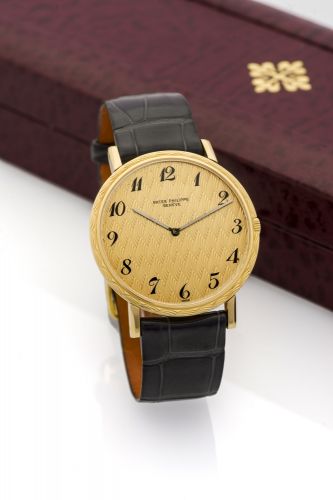 PATEK PHILIPPE REF. 3588, AUTOMATIC YELLOW GOLD Patek Philippe, Genève, No. 1280887, case No. 2703318, Ref. 3588 2. Made in the 1970s. Fine, thin, self-winding, 18K yellow gold wristwatch. Accompanied by a fitted box and an extract from the archives.