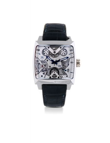 TAG HEUER, MONACO, V4, PLATINUM Tag Heuer, Monaco V4, ref. WAW2170.FC6261. Made in a limited edition of150 pieces circa 2009. Fine and limited, platinum, self-winding, belt-driven wristwatch. Accompanied by the original fitted box. Rare belle montre brace
