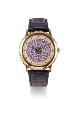 VACHERON CONSTANTIN CHAMPLEVE ENAMEL DIAL YELLOW GOLD Vacheron Constantin,''Champleve enamel dial'',case number 701839,Ref. 43060/2.Made in 2001. Very fine and extremely rare, self-winding, water-resistant, 18K yellow goldwristwatch with champleve enamel 