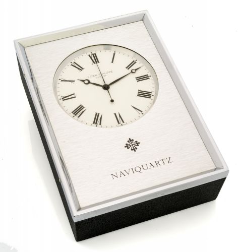 PATEK PHILIPPE, NAVIQUARTZ A fine and attractive, stainless steel quartz desk clock.