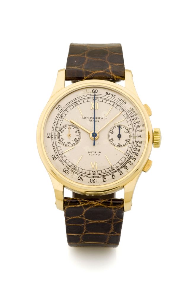 PATEK PHILIPPE, REF. 530, RETAILED BY ASTRUA, YELLOW GOLD A very fine and extremely rare, oversize, manual wind 18k yellow gold chronograph wristwatch.