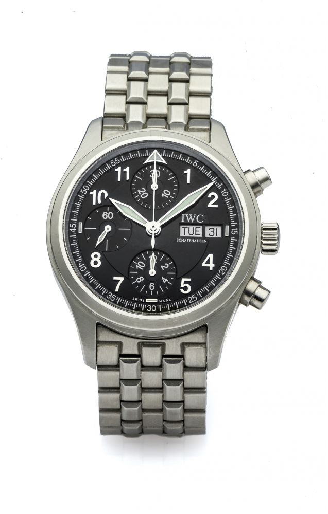 IWC DER FLIEGER CHRONOGRAPH REF. 3706 STEEL Very fine, self-winding, stainless steel wristwatch with chronograph and day & date.