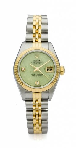 ROLEX DATEJUST LADY'S REF. 79173 YELLOW GOLD AND STEEL Very fine and rare, self-winding, 18K yellow gold and stainless steel lady's wristwatch with diamond-set jade dial.