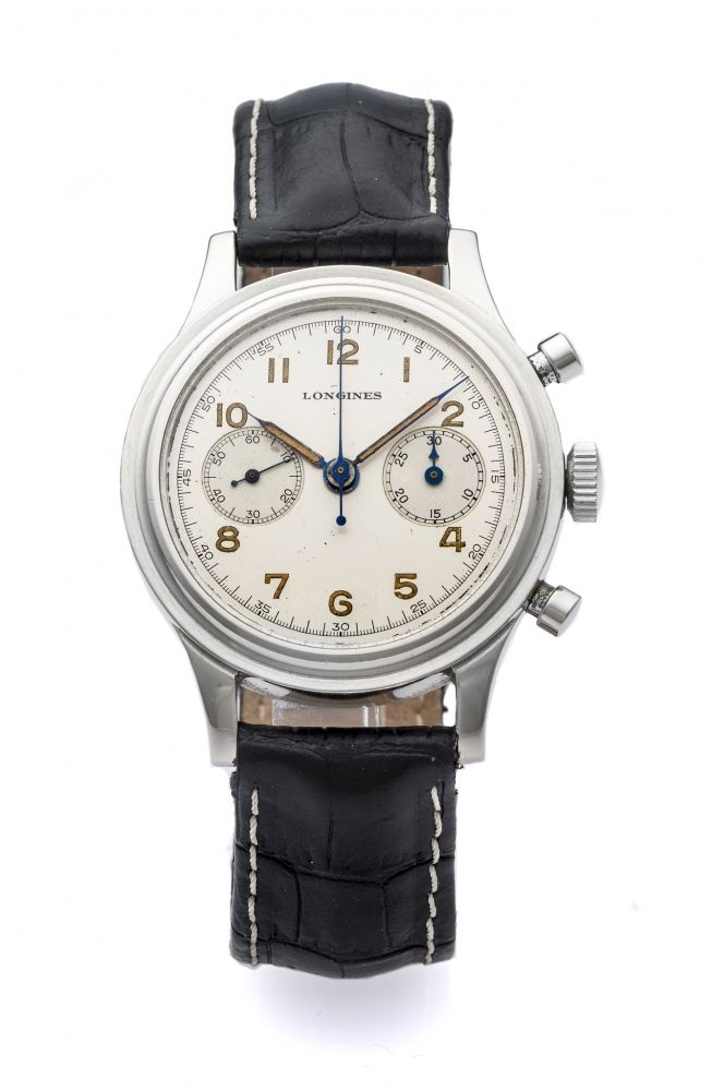LONGINES REF. 6474 FLYBACK CHRONOGRAPH STEEL Fine, manual-winding, stainless steel wristwatch with flyback chronograph.
