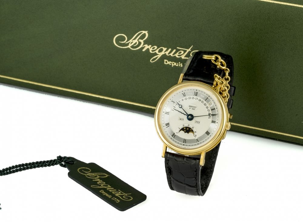 BREGUET REF. 3787 PERPETUAL CALENDAR YELLOW GOLD Very fine and rare, self-winding, 18K yellow gold wristwatch with perpetual calendar and moon phases.