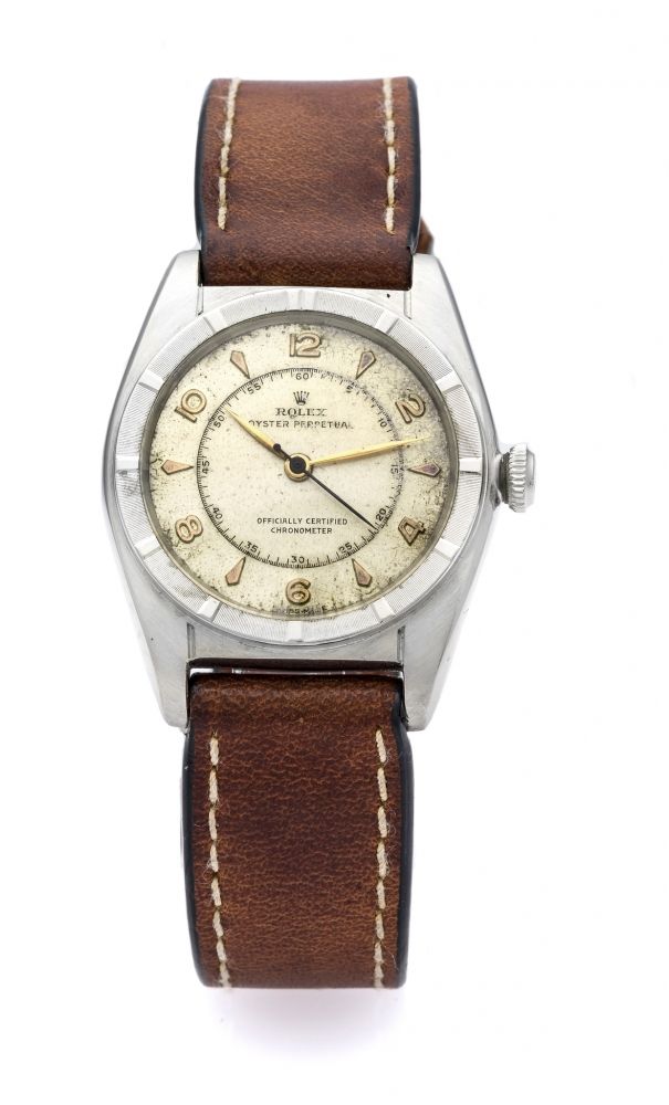 ROLEX OYSTER PERPETUAL REF. 5015 BUBBLE BACK STEEL Fine, self-winding, stainless steel wristwatch.