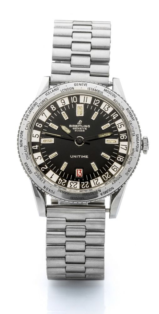 BREITLING, REF. 2610, UNITIME A fine and rare, self-winding, stainless steel world-time wristwatch with revolving bezel (after-market).