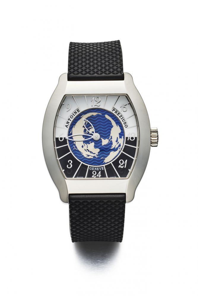 ANTOINE PREZIUSO WORLD TIME ZONE, BLUE ENAMEL DIAL. “TRANSWORLD”. STAINLESS STEEL