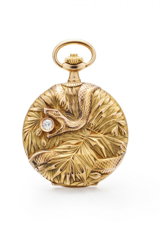 BOREL FILS & CO. ART NOUVEAU THREE-TONE POCKET WATCH. 14K YELLOW, ROSE AND GREEN GOLD AND DIAMOND