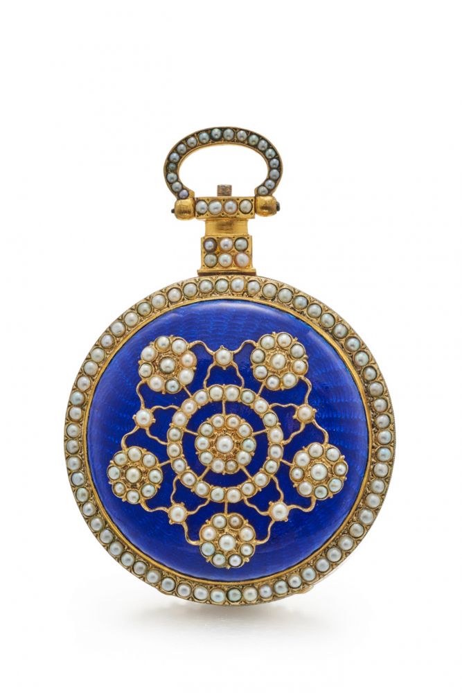 JUST & SON POCKET WATCH WITH SPECIAL ESCAPEMENT AND CENTRE-SECONDS MADE FOR THE CHINESE MARKET. GILDED METAL, ENAMEL AND PEARLS