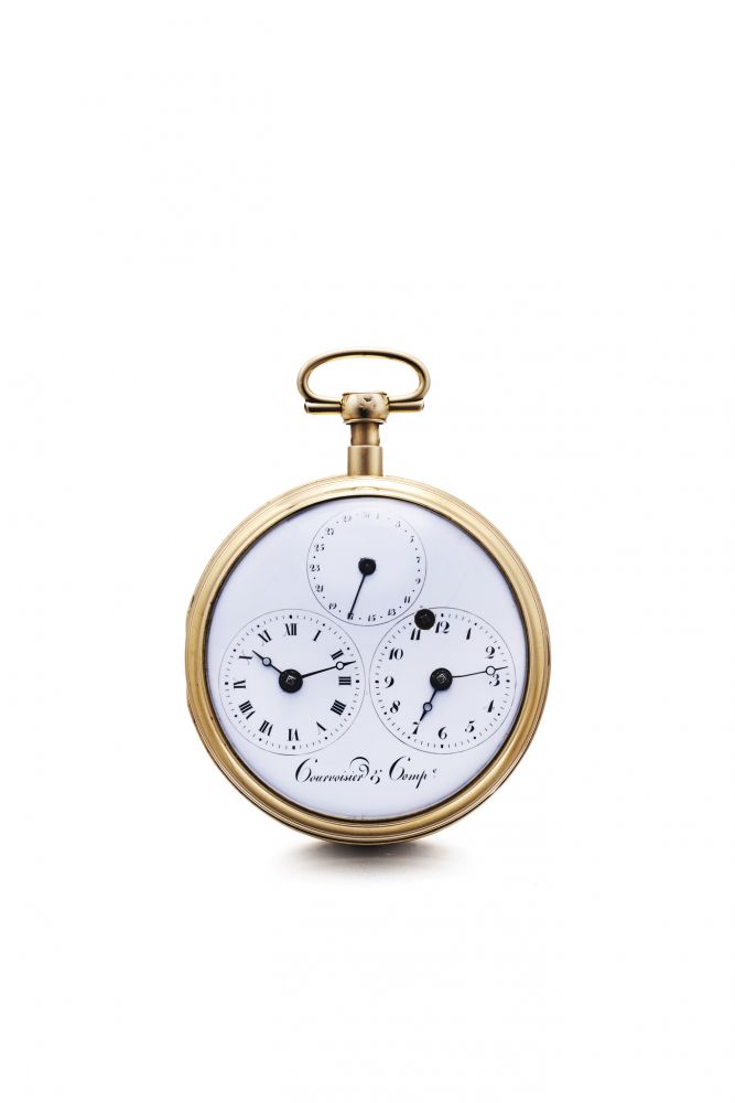 COURVOISIER & CO. POCKET WATCH WITH THREE HOROLOGICAL COMPLICATIONS, INCLUDING QUARTERREPEATER, DATE AND SECOND MERIDIAN. 18K YELLOW GOLD