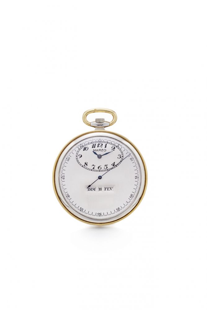 ROBERT CART AND VERGER FRÈRES FOR MARZO DRESS-WATCH WITH CENTRE-SECONDS AND THREE HOROLOGICAL COMPLICATIONS, INCLUDING LINEAR TRIPLE DATE, SO-CALLED AMERICAN CALENDAR. 18K WHITE AND YELLOW GOLD