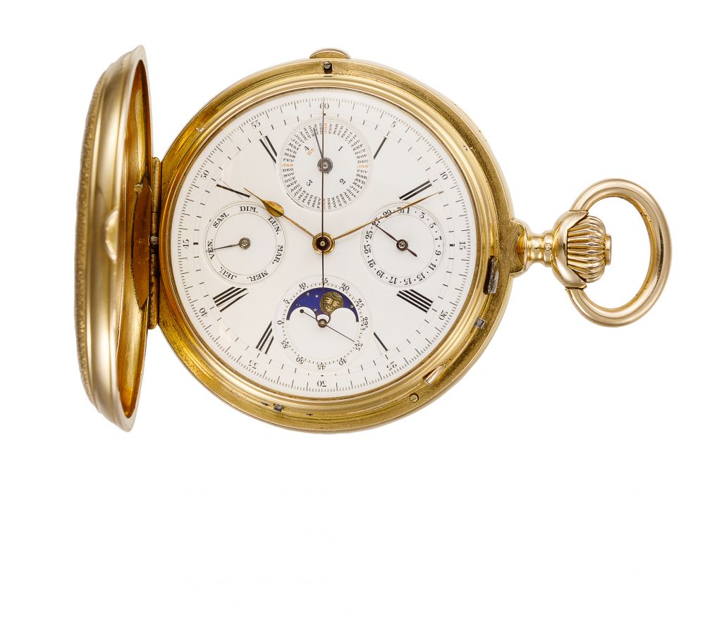 B. POITEVIN POCKET WATCH WITH SEVEN HOROLOGICAL COMPLICATIONS, INCLUDING CHRONOGRAPH, PERPETUAL CALENDAR AND MOON PHASES. 18K YELLOW GOLD AND ENAMEL
