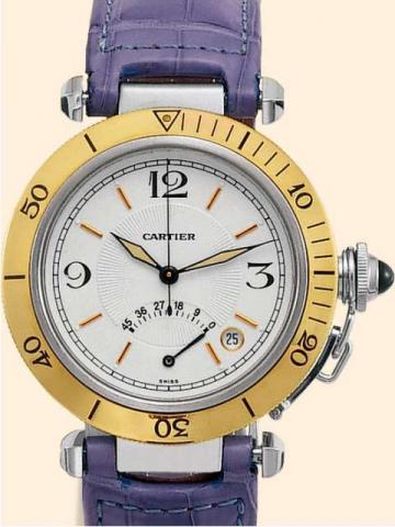 Cartier, Pasha Power Reserve, Ref. 1033. Produced in the late 1990's..Fine, center-seconds, self-winding, water-resistant to 330ft/100m, stainless steel gentleman's wristwatch with date, 45 hours power reserve, 18K yellow gold graduated bezel, lavender-co