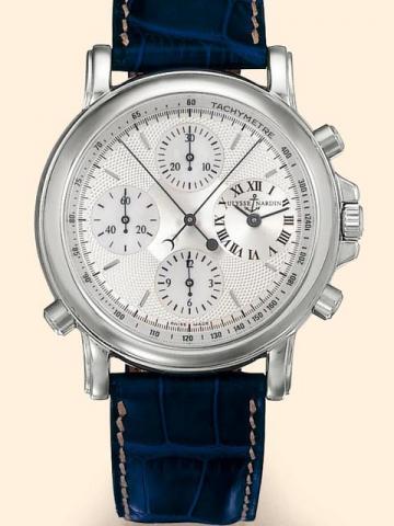 Ulysse Nardin, Lo-cle, Suisse, Chro-nosplit Berlin I, No. 265, Ref. No. 573-22. Produced in the 1990's.Very fine, self-winding, water-resistant to 30 meters, stainless steel gentle-man's wristwatch with round button split-seconds chronograph, registers, t