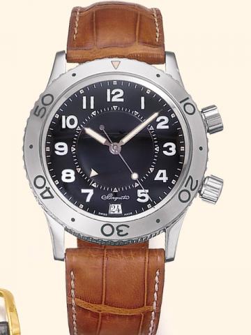 Breguet, Transatlantique Type XX Automatique, Ref. 3860. Produced in the 1990's.Fine, center-seconds, self-winding, water-resistant down to 100m., stainless steel gentleman's wristwatch with alarm and date, 45 hours autonomy and a stainless steel Breguet 