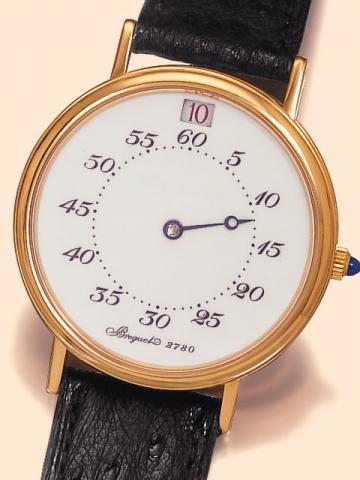 Breguet Automatic, No. 231/ 800, Heures sautantes, Ref. 2780 B. Produced in a limited edition of 800 examples in 1991. Very fine and rare, jump-hour, self-winding, 18K yellow gold gentleman's wristwatch with an 18K yellow gold Breguet buckle.