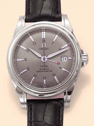Omega, De Ville Co-Axial GMT, Automatic Chronometer. Production of this reference started in 2002.Fine, two-time zone, center-seconds, self-winding, water-resistant, stainless steel gentleman's wristwatch with date and a stainless steel Omega deployant cl