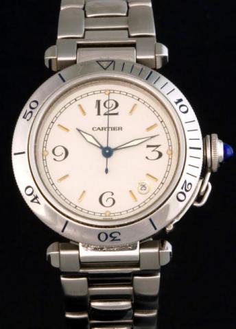 Cartier, Pasha, Automatic, Ref. 1040-1. Produced in the 1980's.Fine, center-seconds, self-winding, water-resistant, stainless steel gentleman's wristwatch with date and an integrated, polished and brushed Cartier bracelet with deployant clasp.