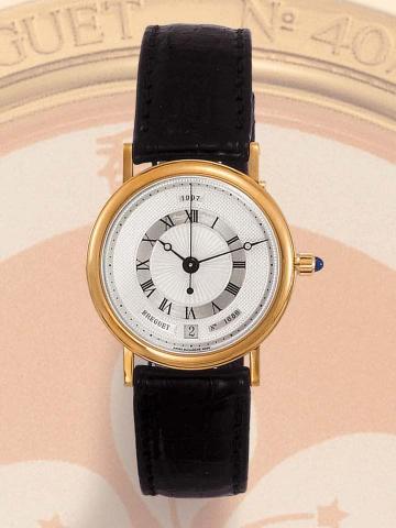 Breguet, No. 40/97, No. 1686, Ref. 3999. Produced in a limited edition of 97 examples to commemorate the return of Hong Kong to Chinese rule on July 1, 1997. Very fine and elegant, thin, center-seconds, self-winding, 18K yellow gold and porcelain gentlema