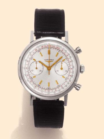 Longines,Ref. 7413. Producedin the 1950's.Fine, stainless steel gentleman's wristwatch with round button chronograph, register,telemeter, tachometer and a stainless steel Longines buckle.