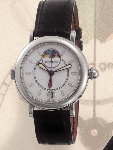 G_rald Genta, Night & Day, Ref. G 3706. Produced circa 2000.Fine two time zone, center-seconds, self-winding, water-resistant, stainless steel gentleman's wristwatch with date and astainless steel G_rald Genta buckle.