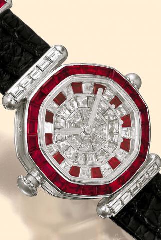 G_rald Genta, Geneve, No. 1, case No. 64782, Ref. G.4103K. Manufactured in 1993. Exceptionally fine and extremely rare, octagonal, water-resistant, self-winding, platinum, ruby and diamond gentleman