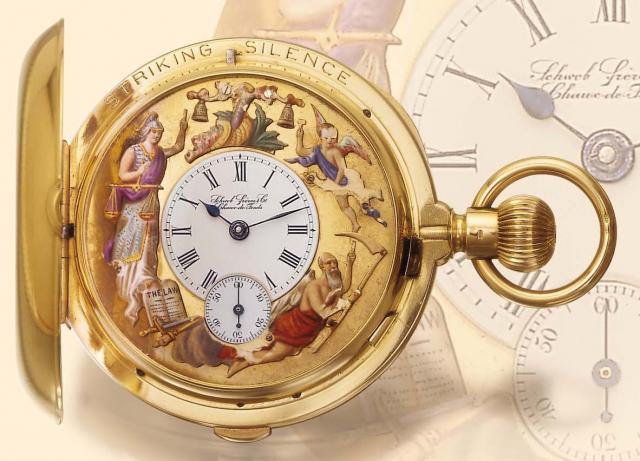 Louis Elis_e Piguet, No. 34/5198/47741, made for Schwob Freres & Co., Chaux-de-Fonds, based on Louis Brandt (Omega) patent, circa 1895. Very fine and rare 18K gold hunting-cased keyless double train carillon Grande Sonnerie clockwatch with minute-repeatin