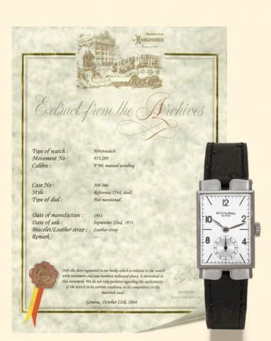 Patek Philippe & Cie, Geneve, No. 975289, case No. 508366, Ref. 1544. Produced in 1953, sold on September 22, 1953. Extremely rare and unusual rectangular curved, stainless steel gentleman's wristwatch. Accompanied by the Extract from the Archives.