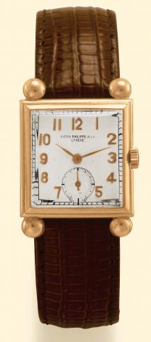 Patek Philippe & Cie, Geneve, No. 900820, case No. 628487, Ref. 1458. Produced in 1942, sold on Sept. 14, 1942. Fine, square, 18K pink gold gentleman's wristwatch. Accompanied by an Extract from the Archives.