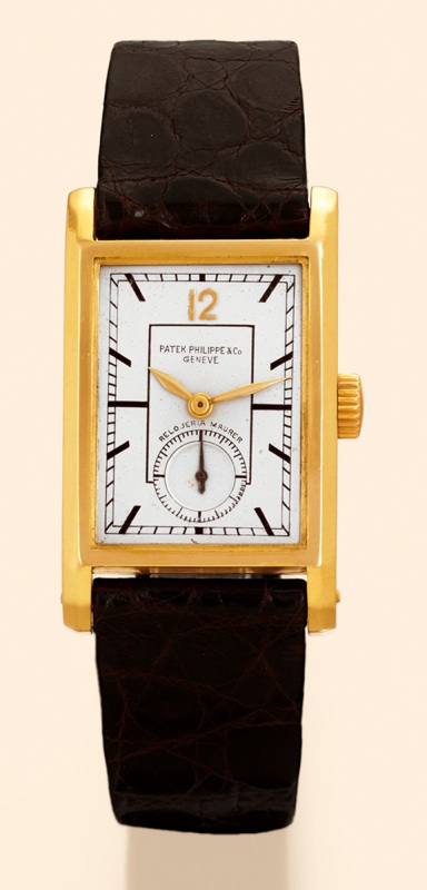Patek Philippe & Co., Geneve, No. 825268, case No. 611684, Ref. 404. Made circa 1938 for Relojeria Maurer. Very fine 18K yellow gold rectangular curved Art Deco gentleman