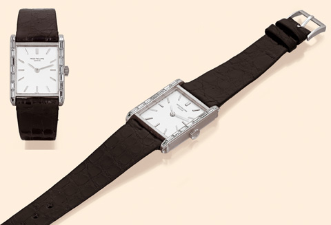 Patek Philippe & Co., Geneve, No. 792297, case No. 518118, Ref. 3474. Made in 1963. Very fine and very rare rectangular platinum and diamond gentleman's wristwatch with Patek Philippe platinum buckle. Accompanied by the Extract from the Archives.