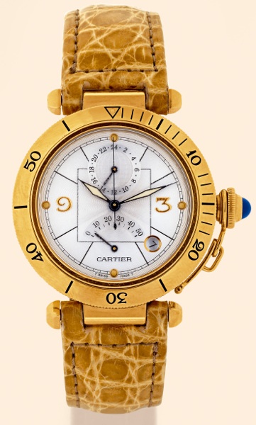 Pasha.Two-Time Zone.Cartier, Pasha - Two-.Time Zone, Ref. 2395. Made in the.late 1990s..Fine, center-seconds, self-winding.water-resistant, 18K yellow gold gentleman's.wristwatch with date, 24-.hour dial for the second time-zone, 50-.hour power reserve se