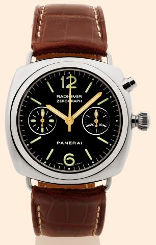Zerograph.Officine Panerai, Radiomir, Zerograph.No. C 48/99, Ref. OP 6544. Made in a limited.edition of 99 examples in 2000..Fine and rare, cushion-shaped, water-resistant to 100 m..18K white gold diving wristwatch with single button chronograph.register 