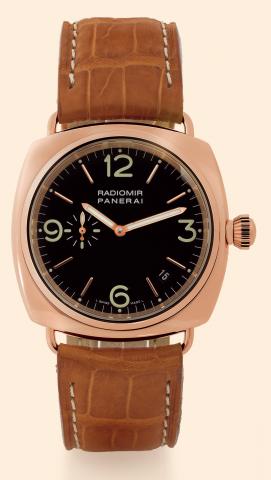 Radiomir.Officine Panerai, Radiomir, No. E 255/.500, Ref. 6564. Made in a limited edition.of 500 examples in 2002..Fine and rare, large, cushion-shaped, self-winding, waterresistant.18K pink gold diver's wristwatch with date and an.18K pink gold Panerai b