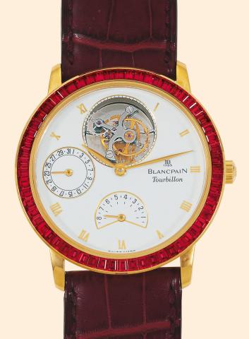 Ruby Tourbillon No. 1.Blancpain, Tourbillon No. 1, Ref. 0023..Made in the 1990s..Very fine and rare, water-resistant, 18K yellow gold and.ruby gentleman's wristwatch with visible one-minute.flying tourbillon regulator, 8-day power reserve indication.date 