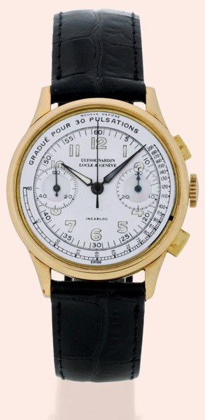 Medical Chronograph.Ulysse Nardin, Locle.case No. 23789, Ref..8923. Made in the 1940s..Fine and rare, 18K yellow gold gentleman's.wristwatch with square button.chronograph, pulsometer and register.