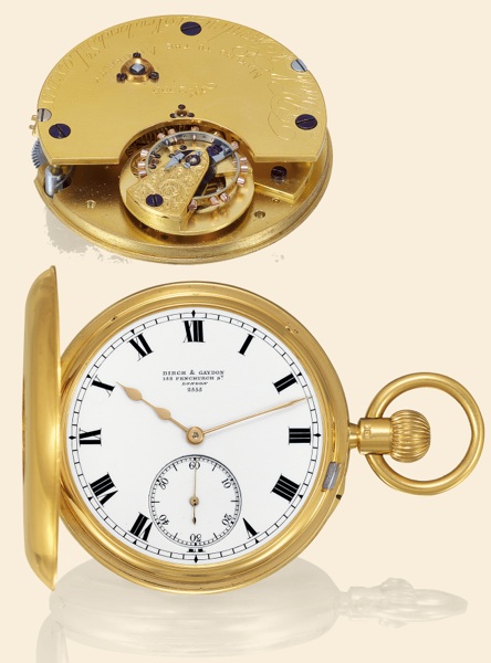 Karrusel.Birch & Gaydon, Makers to the Admiralty, 153.Fenchurch St. London, No. 2555. Ebauche by.Bahne Bonniksen. London hallmarks for 1904-1905..Very fine and rare, keyless, half-hunting cased 18K yellow gold pocket.chronometer with 52-minute Bonniksen p