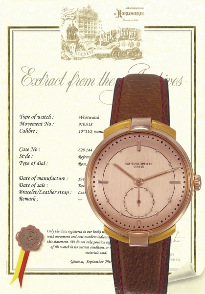 Ref. 1545, Pink.Gold Hooded Lugs.Patek Philippe & Co..Geneve, No. 910918, case No. 628144.Ref. 1545. Made in 1942 and sold on.December 23rd, 1942..Fine and rare, 18K pink gold, gentleman