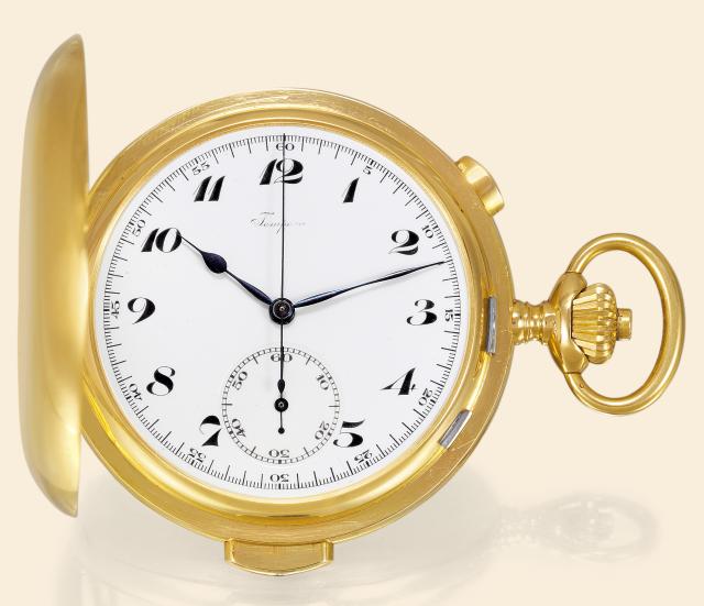 Minute Repeater Chronograph.Tempora (Le Phare), Le Locle & La Chaux de.Fonds, No. 259617. Made circa 1915..Fine, large, minute-repeating, 18K gold hunting-cased keyless.pocket watch with chronograph.