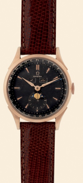 Arabic Cosmic.Omega, Cosmic.No. 12879727, Ref..2606-8. Made in the 1950s..Fine and rare, astronomic, stainless.steel Staybrite and pink gold-filled.gentleman's wristwatch with triple date in.Arabic, moon phases and a 9K gold Omega.buckle..To be sold witho
