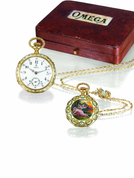CUPID AND PSYCHE.Omega, No. 1840957, case No. 3621300, Ref. 743.11. Sold on March 6, 1906..Very fine and rare, 18K yellow gold and enamel lady
