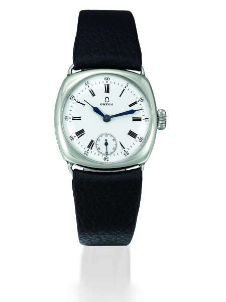 CUSHION-SHAPED ART DECO.Omega, No. 6948241, case No. 7680549, Ref. AR 800 AV. Sold on July 21, 1928..Fine and rare, cushion-shaped, silver gentleman`s wristwatch. This watch is sold with box.Certificate of Authenticity and a 2-year Omega guarantee..To be 